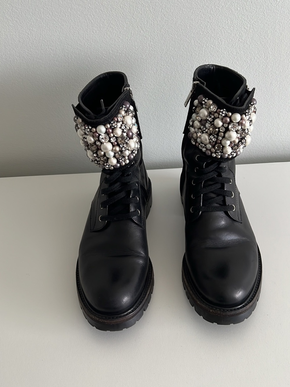 Rene Caovilla Black Pearl-Embellished Combat Boots
